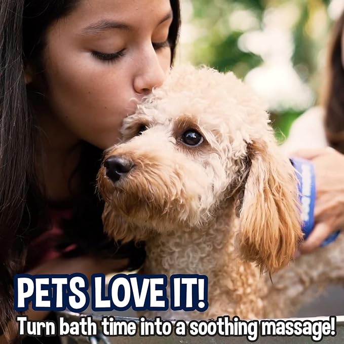 Bodhi Dog Stainless Steel Comb & Shampoo Brush - Bath & Shower Supplies for Dogs & Cats - Removes Shedding, Mats & Tangles - Pet Grooming Scrubber Bundle (Blue)