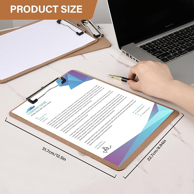 2 Pack Hardboard Office Clipboard, Letter-Size Clipboard with Low Profile Clip, Classic Clip Boards, 9" x 12.5" Wood Clipboards for Office, School, Hospital Supplies, Brown