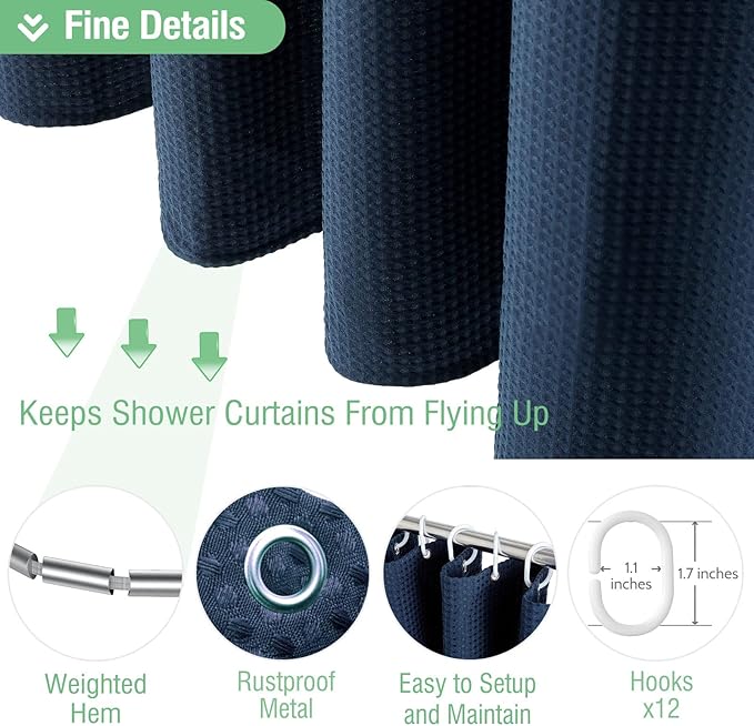 Dynamene Long Shower Curtain - 78 inch Long Waffle Weave Heavy Duty Fabric Shower Curtains for Bathroom, Neutral Weighted Hotel Spa Luxury Bath Curtain Set with 12 Plastic Hooks,72x78,Navy Blue