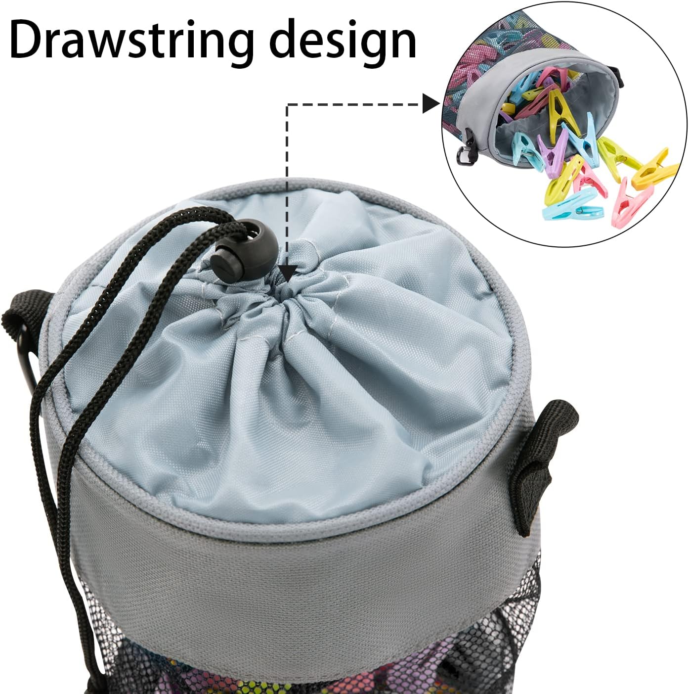 Mesh Clothespin Bag with Hooks Hanging Clothes Pin Bag with Drawstring Closure Clothespin Holder, Ventilation and Moisture Resistance, Storage Organizer, Machine Washable （Gray）