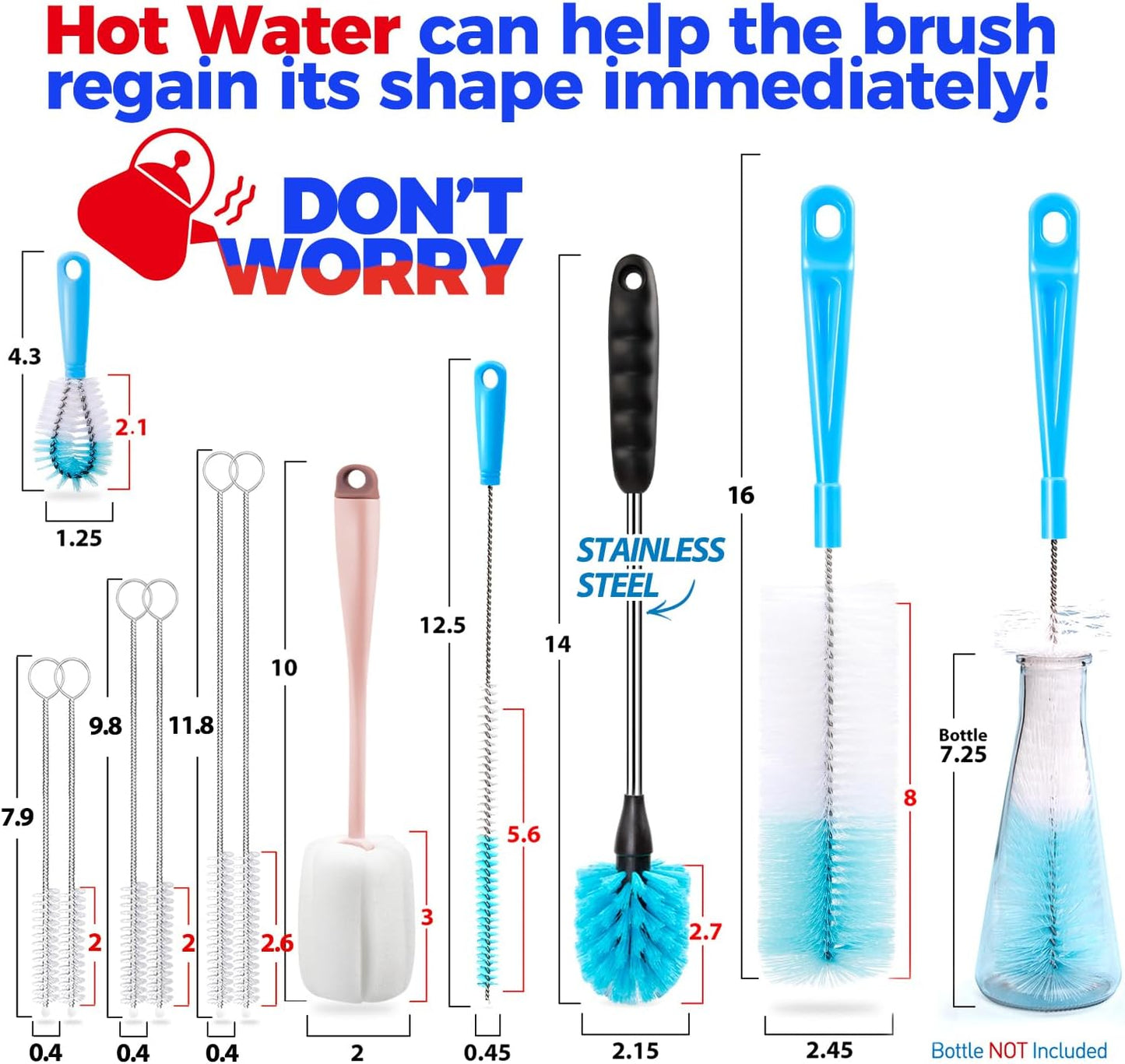 Holikme Bottle Brush Tube Cleaning Lab Set with Long Handle, Cup Cleaner for Washing Narrow Neck Beer Wine Decanter Pipes Lids Sinks Cap Covers, Pink