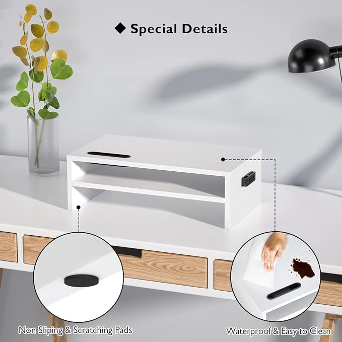 BONTEC Wooden Monitor Stand Riser, 2-Tier Desk Shelf with Storage Organizer, Ergonomic Computer Stand with Cable Management, Cellphone Holder, White, 16.5 Inch