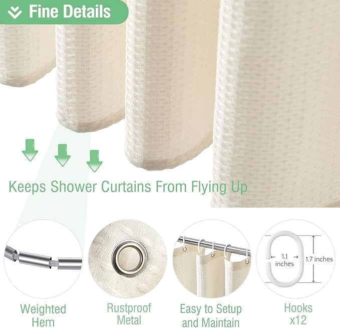 Dynamene Extra Long Shower Curtain,96 Inch Long Waffle Weave Weighted Thick Cloth Bathroom Shower Curtain, Neutral Heavy Duty Hotel Bath Curtain Set with 12 Plastic Hooks,72x96,Cream/Ivory