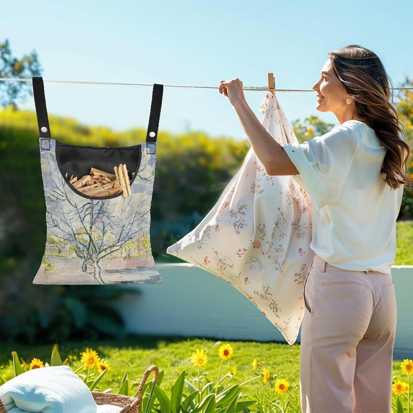 Weather Resistant Clothespin Storage Bag - Outdoor Hanging Organizer with Windproof Features - Large Capacity 14.5x12 Inch Polyester Pouch for Clothes Pins Peach Tree in Bloom Print