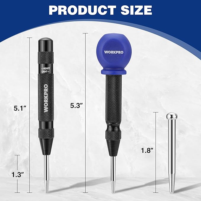 WORKPRO 2PCS Automatic Center Punch with an Extra Replacement Tip, Adjustable Spring Loaded Center Punch, Metal Punch Tool, Center Hole Punch for Wood, Metal, Plastic