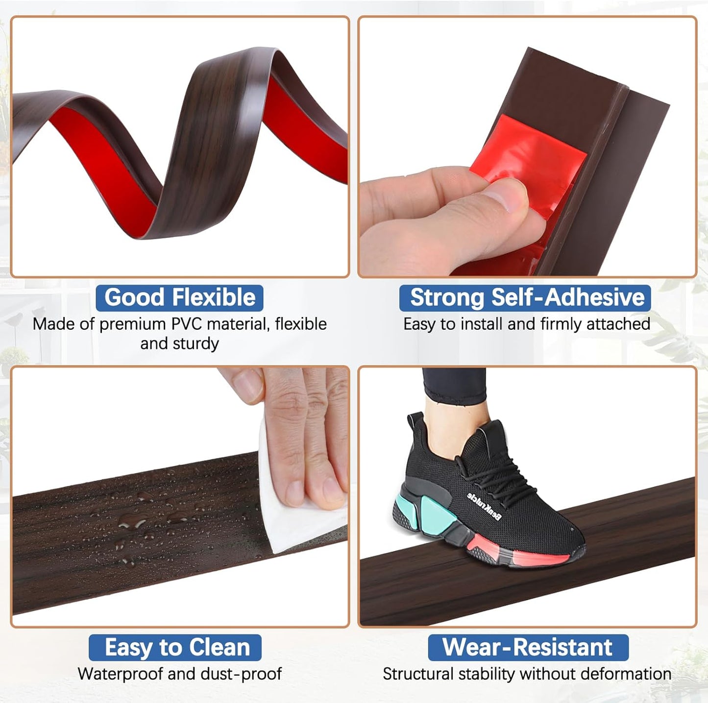 Vinyl Door Threshold Flooring Transition Strip Self Adhesive Carpet Edging Strip for Laminate Doorway Edge Threshold from 3/5" to 4/5" (Brown Wood Grain, 6.6 Ft)