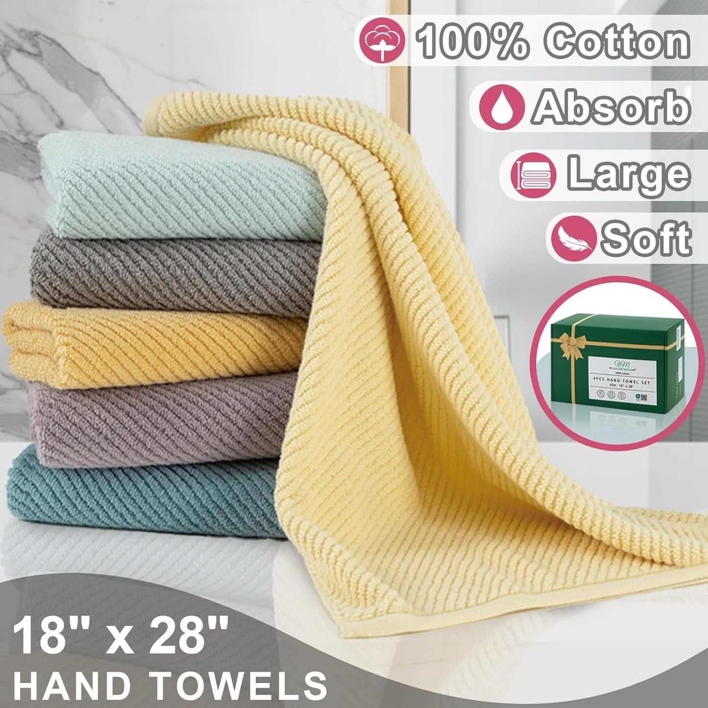 VOOVA & MOVAS Pink Bathroom Hand Towels Set of 4, Large 18" x 28" - 100% Cotton | Quick Dry | Light Weight | Thick | Soft | Absorption, Luxury Hand Towels for Showering, Bathroom Essentials Set