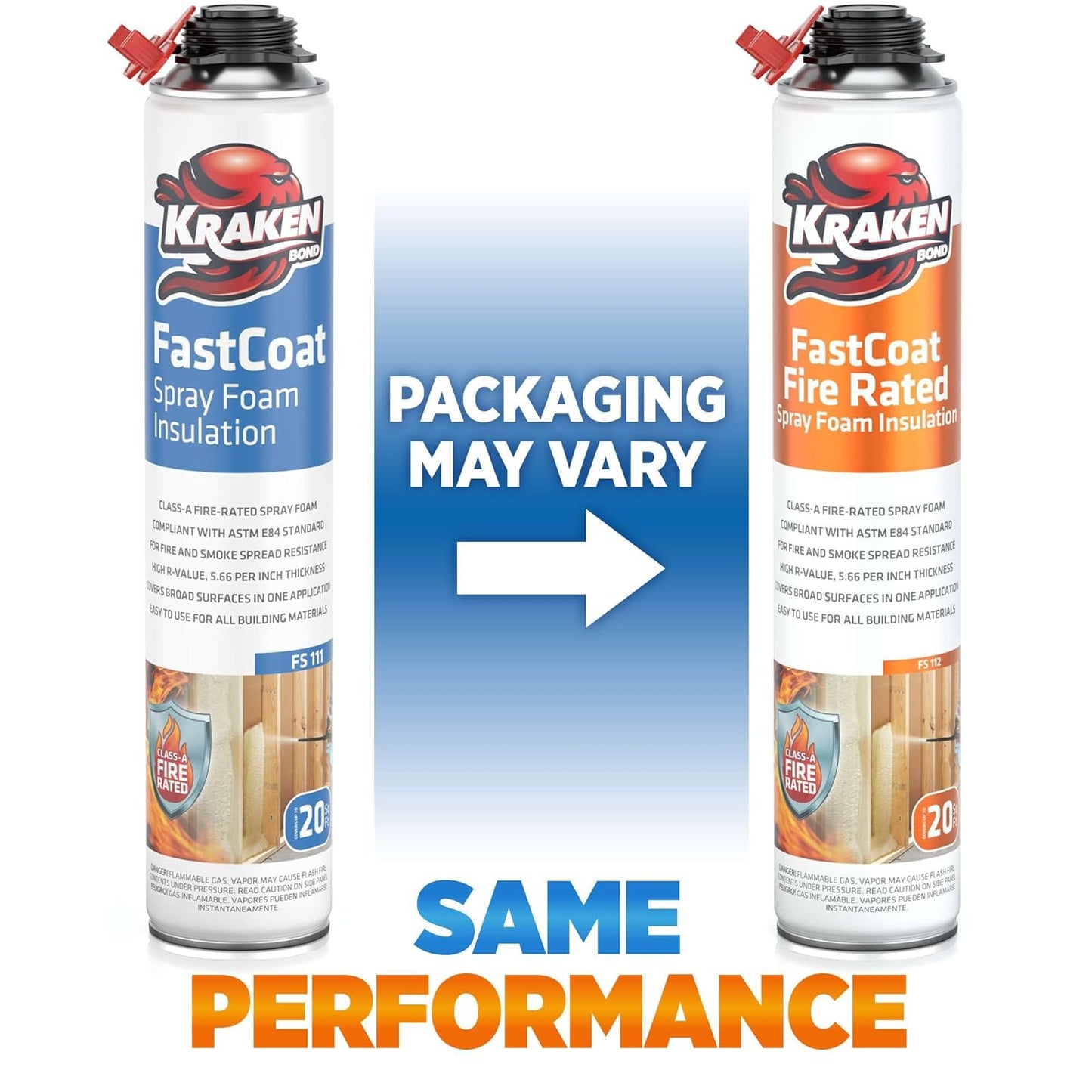 Kraken Bond Fastcoat Fire Rated Spray Foam Insulation Kit Closed Cell in a Can 240 sq ft (12x27.1 oz.)(R-Value 11.32 / 2in)- Spray Foam for Garage Door, Attic, Wall Gun & Cleaner Not Included, 12 Pack