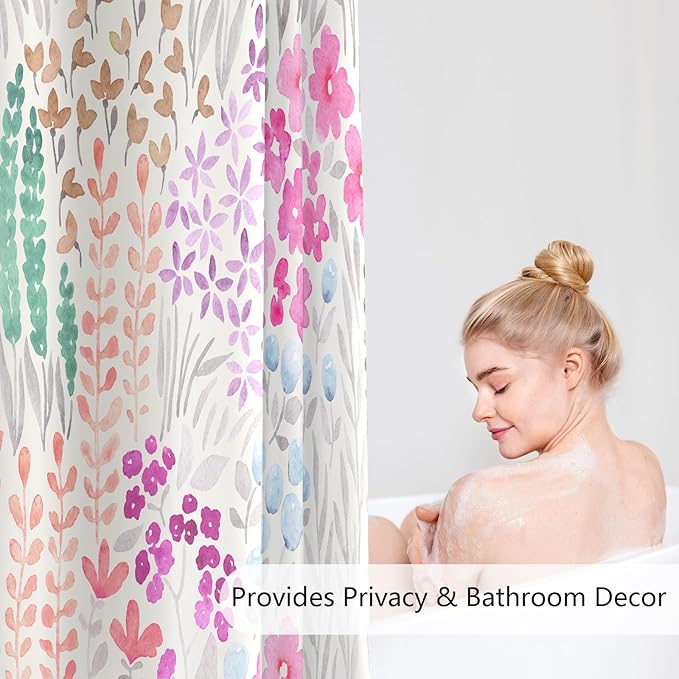 Extra Long Shower Curtain 72 x 96 Inch, Floor to Ceiling X-Long Tall Cute Floral Shower Curtain for Bathroom, Hot Pink Wildflower Boho Cottagecore Fabric Shower Curtain Set with Hooks