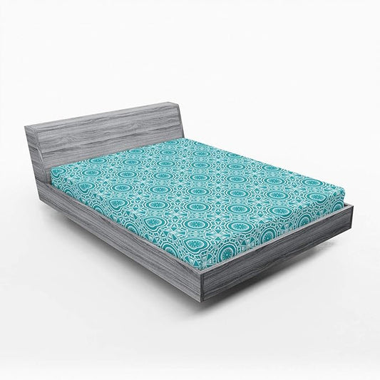 Ambesonne Boho 2 Pack Fitted Sheet, Modern Mandala Effect Pattern, Bed Cover All-Round Elastic Deep Pockets 2 Pieces, Package Contains 2 Queen Size Fitted Sheets, Dark Seafoam and White