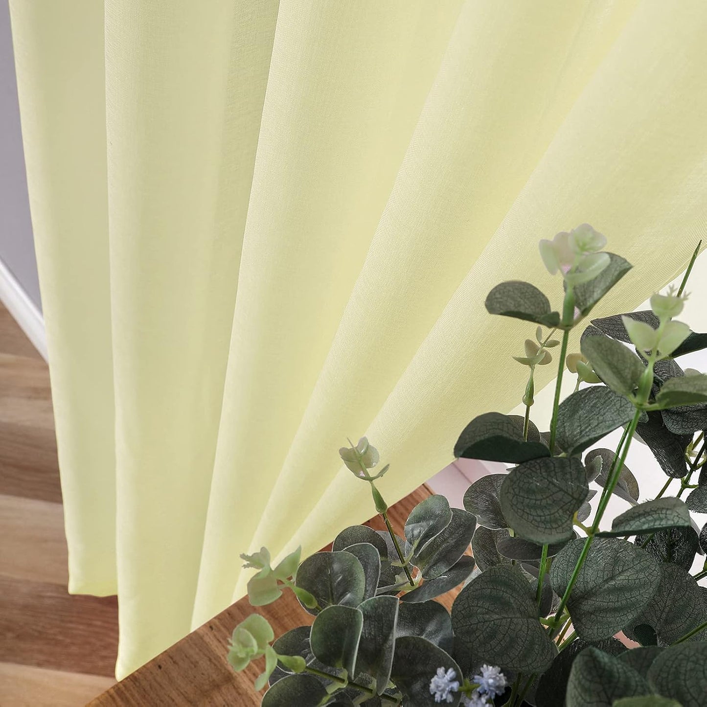 Tollpiz Short Sheer Curtain Living Room Linen Textured Curtains Sheer Light Filtering Voile Rod Pocket Curtain for Bedroom, 38 x 54 inches Long, Transparent Yellow, Set of 2 Panels