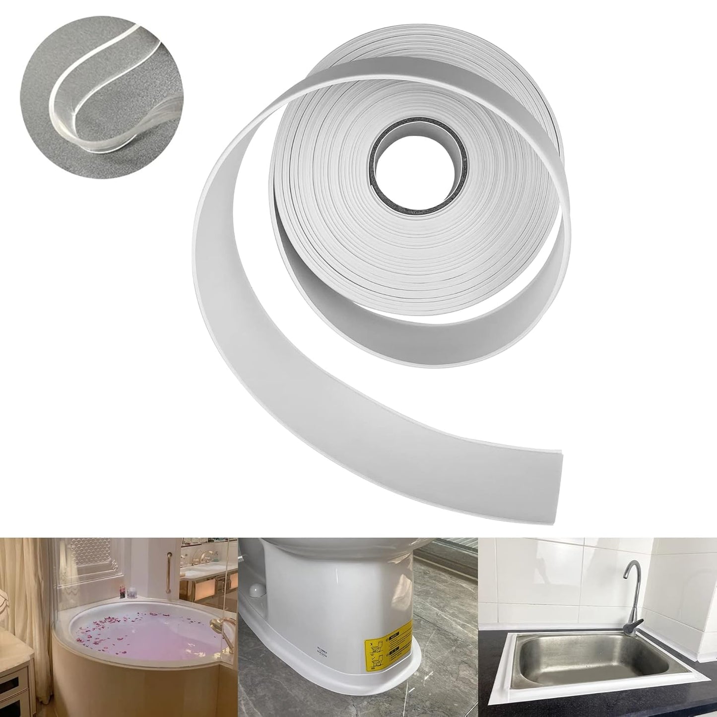 TOUSEA White Caulk Tape for Bathtub Self Adhesive,1.5" x 19.7Ft sealant Caulk Strip Caulking Sealing Tape for Kitchen Countertop,Bathroom,Toilet,and Bathtub Floor Wall Edge Protector