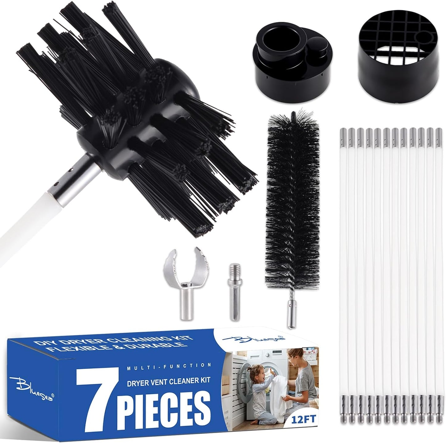 Bluesea 7 Pieces 12 Feet Dryer Vent Cleaner Kit, Reinforced Nylon Dryer Vent Cleaning Kit, Durable Dryer Vent Brush Vacuum Attachment with Flexible Lint Trap Brush, Vacuum & Dryer Adapters