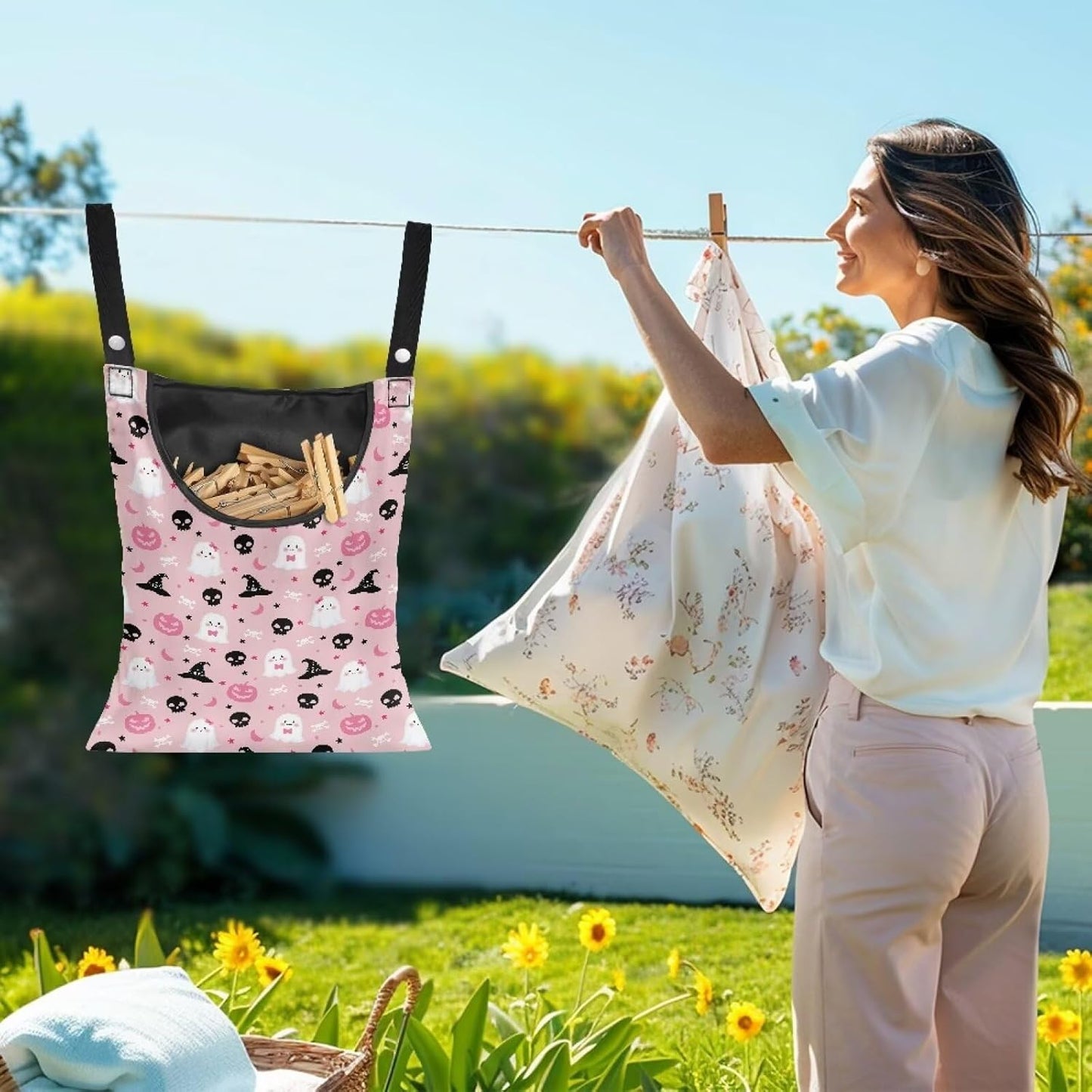 Clothes Pin Hanging Bag, Clothespin Bag with Large Opening, Lightweight Hanging Laundry Bag, Clothespin Storage Organizer Fit On A Rod - Halloween
