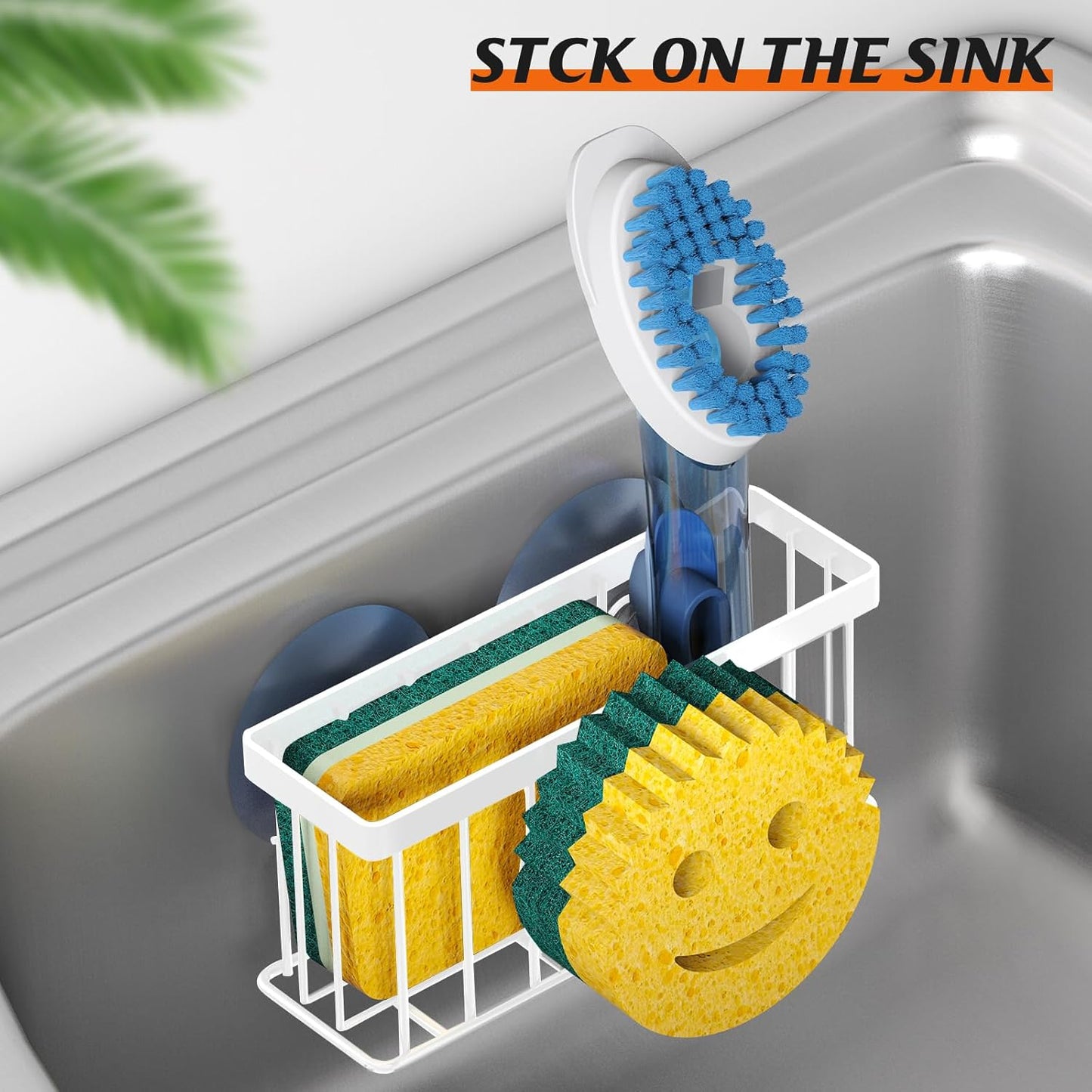 Sponge Holder Smiley Face,Sink Caddy,Sink Organizer with 2 Suction Cups/1 Adhesive Strips,Designed for Sponge,Soap,Dish Brush,Scrubber - White