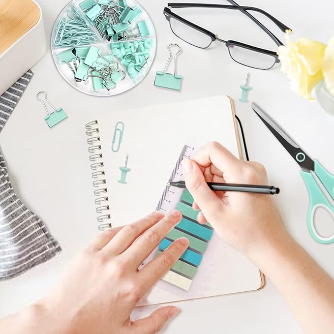Green Office Supplies,UPIHO Teal Desk Accessories,Stapler and Tape Dispenser Set for Women with Stapler,Tape Dispenser,Staple Remover, Staples, Clips, Scissor and Tabs for Students, Office Clerks