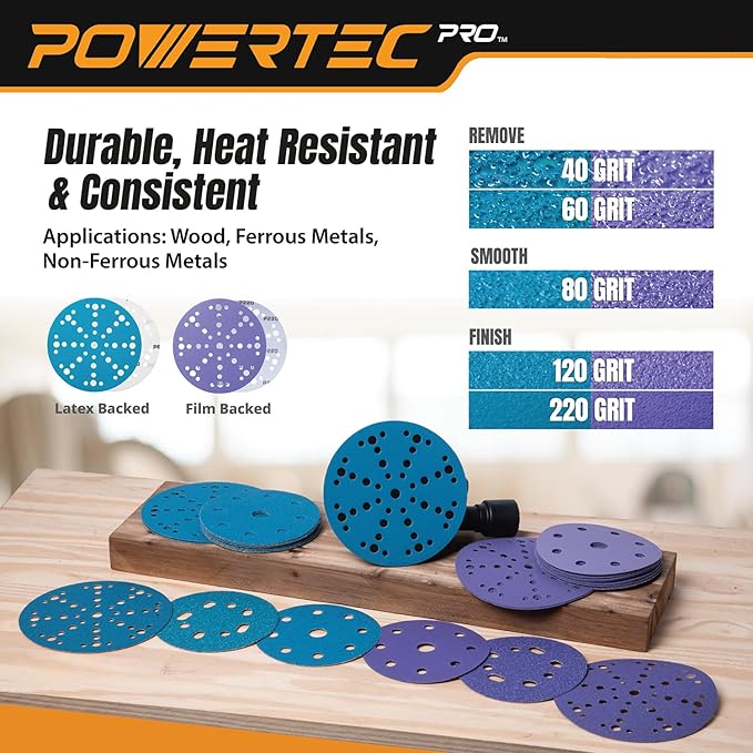 POWERTEC PRO 50PK, 6 Inch 49 Holes Hook and Loop Sanding Disc, 80 Grit, Ceramic Hook and Loop Backing Discs for Festool Random Orbital Sanders - Automotive, Paint, Metal, Woodworking (46108C-50)