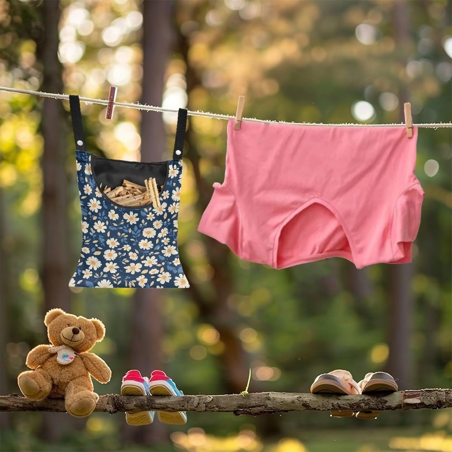 Clothes Pin Hanging Bag with Big Opening Storage Clothes Pins & Mini Clothespins, Hanging Laundry Bag Fits Retractable Clothes Line Outdoors - Daisy Print