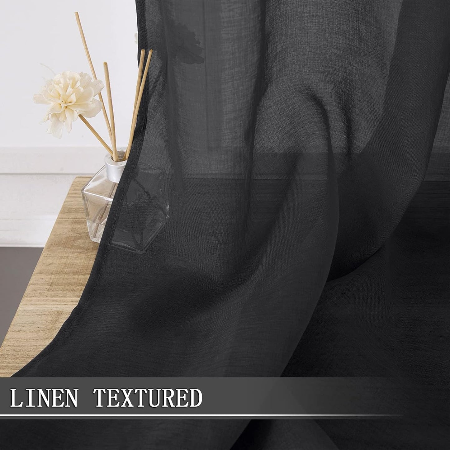 Tollpiz Sheer Curtains Linen Textured Living Room Curtain Sheers Light Filtering Rod Pocket Voile Curtains for Bedroom, 42 x 63 inches Long, Black, Set of 2 Panels