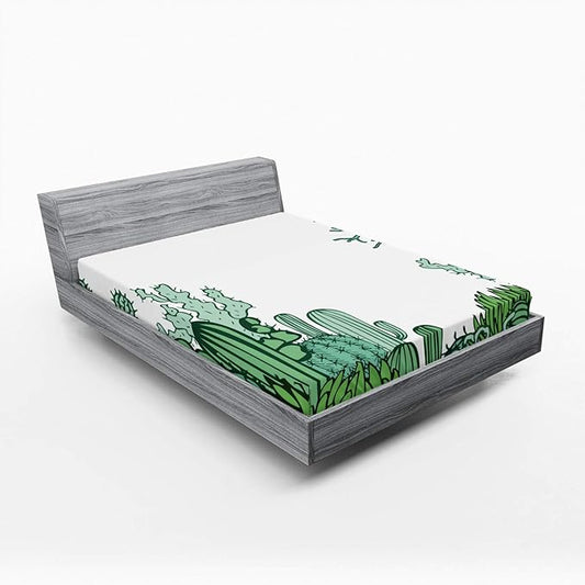Ambesonne Cactus 2 Pack Fitted Sheet, Arizona Doodle Desert, Bed Cover All-Round Elastic Deep Pockets 2 Pieces, Package Contains 2 Full Size Fitted Sheets, Green Pale Green Seafoam