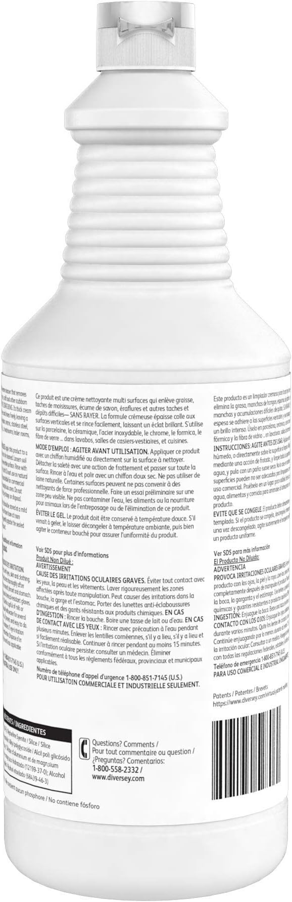 Diversey 94496138 Emerel Plus Crème Cleanser, No Scratch Cream Formula Removes Hard Water Deposits, Soap Scum, Scuff Marks & More, Ready-to-Use Squeeze Bottle, 32-Ounce