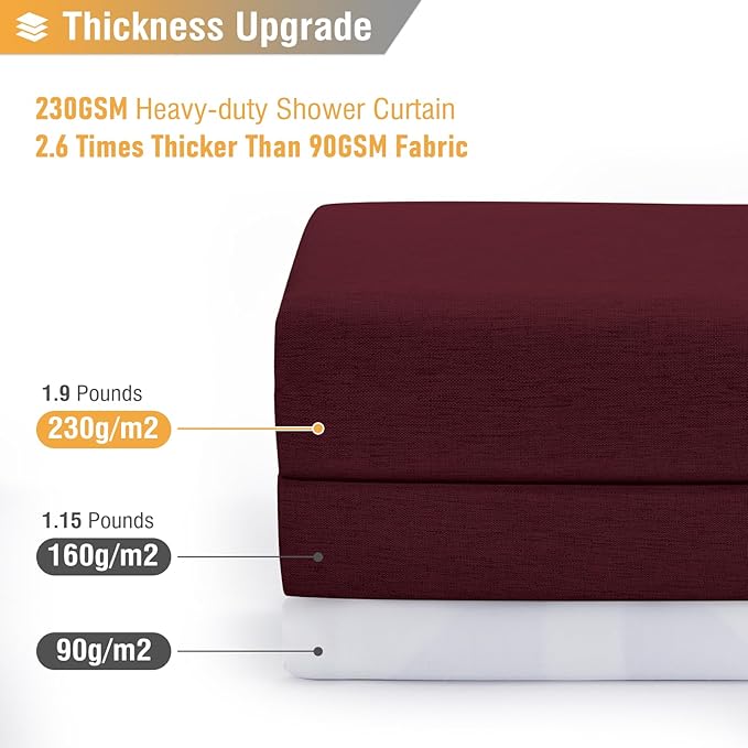BTTN Fabric Shower Curtain, Linen Textured Heavy Duty Polyester Cloth Shower Curtain Set with Plastic Hooks, Burgundy, 72x96