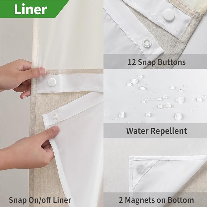 Stall No Hooks Needed Linen Textured Shower Curtain with Snap-in Fabric Liner Set,Hotel Luxury Decor Shower Curtains for Bathroom,Waterproof & Washable,54Wx74H,Cream
