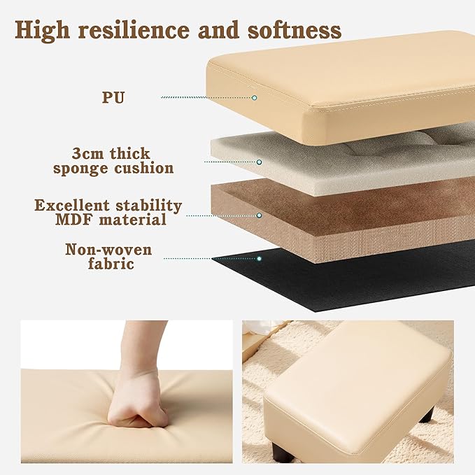 VECELO Small Foot Stool Ottoman, PU Foot Rest with Legs, Rectangle Footrest for Living Room Couch, Beige