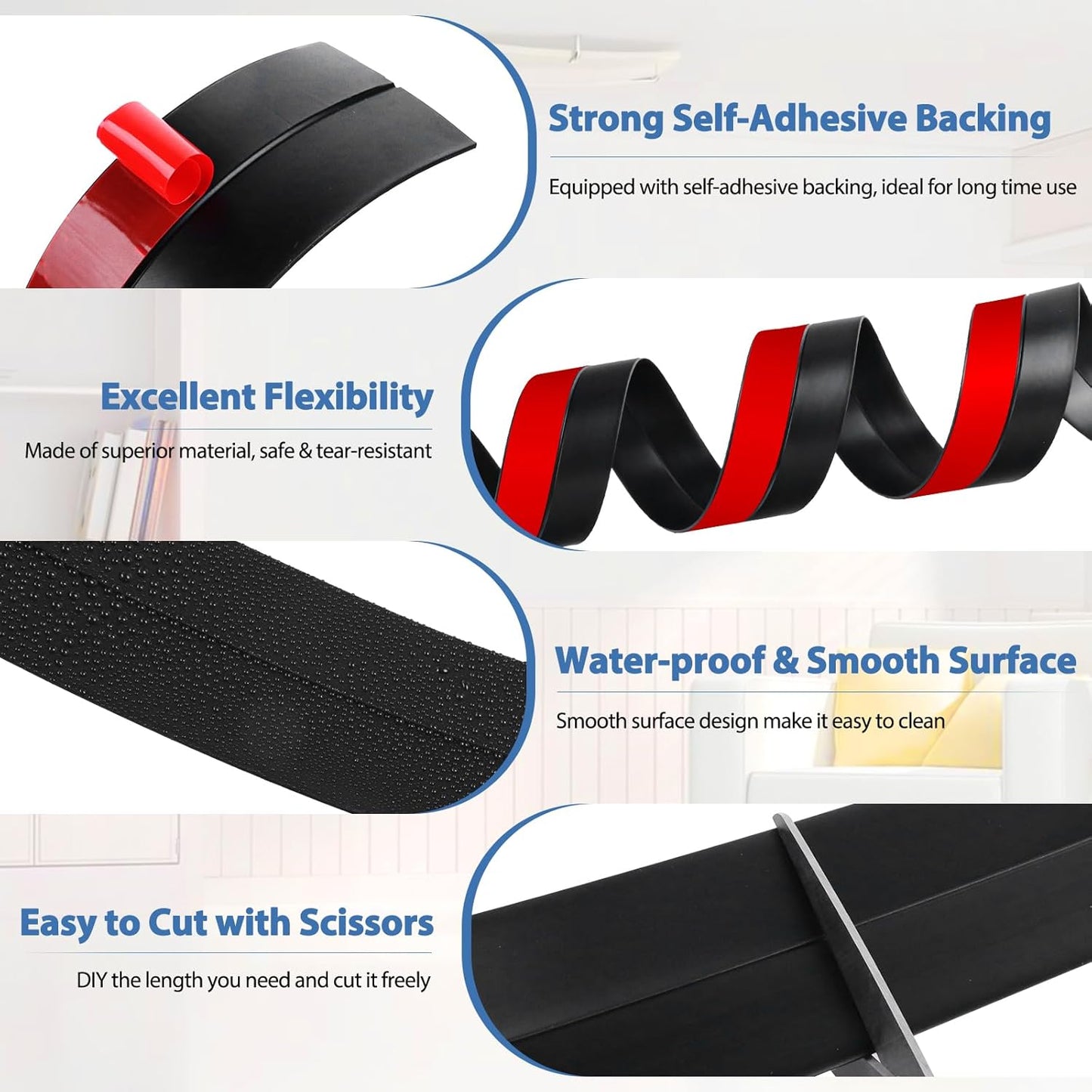 Weather Stripping Door Draft Stopper Flexible Self Adhesive Silicone Door Seal Strip for Glass Doors Windows and Shower Glass Gaps, 2 Inch Wide X 10 Feet Long, Black