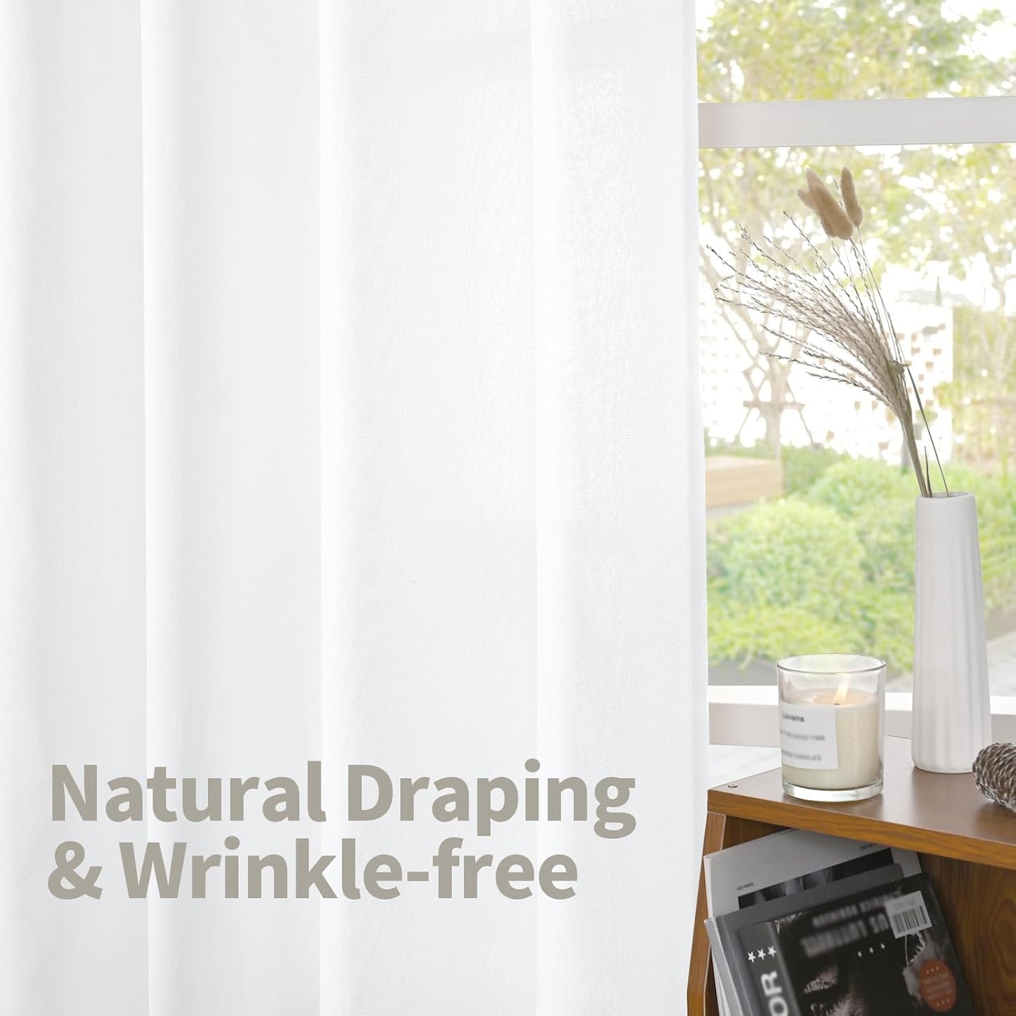 YoungsTex Short White Linen Curtains 45 Inch Length 2 Panels for Window, Semi Sheer Drapes Light Filtering with Rod Pocket Back Tab Lightweight for Cafe Kitchen Bathroom, 42 X 45 Inch