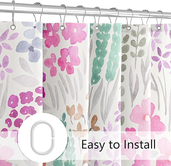 Hot Pink Cute Floral Shower Curtain, Colorful Plant Leaves Watercolor Flower Fabric Shower Curtain, Boho Funky Wildflower Shower Curtain Set, Cottagecore Bohemian Bathroom Decor, 72x72
