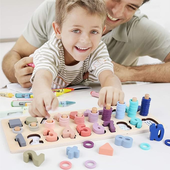 QZMTOY Counting Shape Stacker Wooden Count Sort Stacking Tower with Wood Colorful Number Shape Math Blocks for Kids Preschool Educational Toddlers Toy
