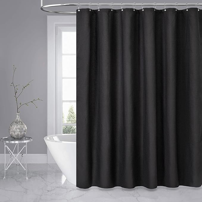 Dynamene Stall Fabric Shower Curtain - 48 inch Wide Waffle Weave Weighted Thick Cloth Shower Curtains for Bathroom, Neutral Heavy Duty Hotel Spa Luxury Bath Curtain Set with 8 Hooks, 48x72, Black