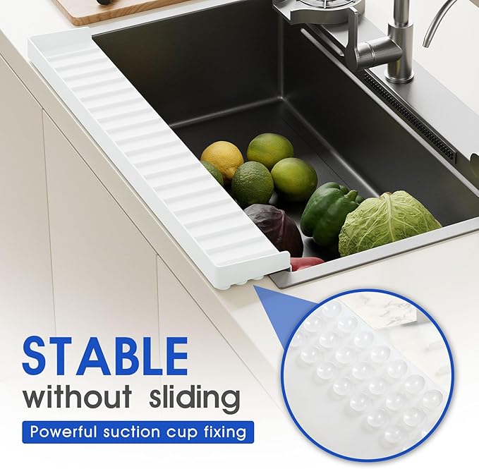 24"x4" Silicone Sink Edge Protector - Splash Guard with Suction Cups & 5° Tilt, Cuttable Edge Guard for Kitchen Sink, Bathroom,Granite & Quartz Countertops(White)