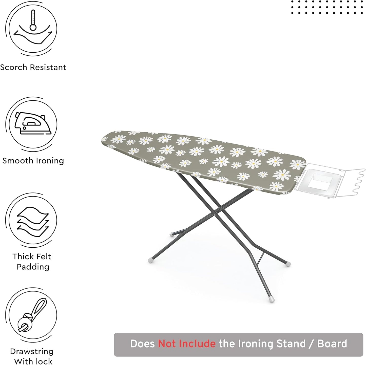 Encasa XO Ironing Board Cover and Pad 57"x22" - Thick 3mm Felt Padding, Drawstring Tightening & Lock, Easy Fit, Scorch & Stain Resistant, Fits X-Large Ironing Board - Daisy Grey