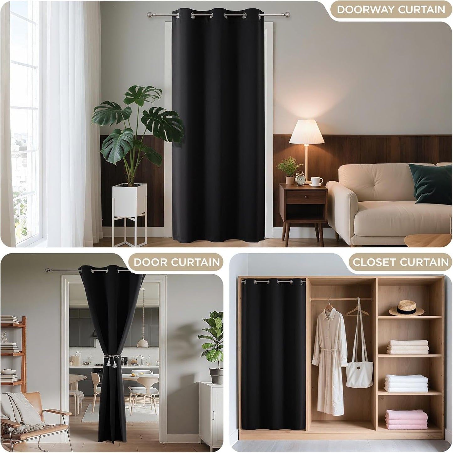 Joydeco Blackout Door Curtain for Doorway Privacy 72 Inches Long, Grommet Closet Curtain for Open Closet, Room Divider for Bedroom Living Room (Black, 52Wx72L, 1 Panel)