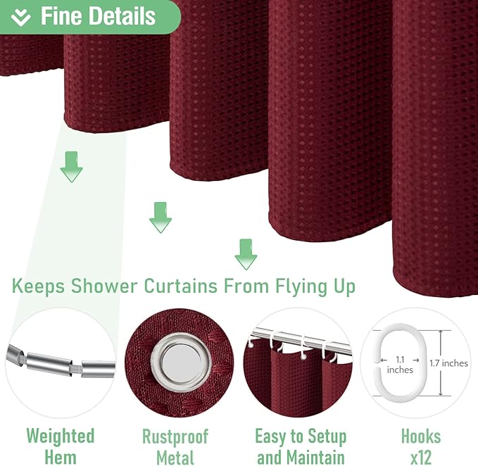 Dynamene Long Fabric Shower Curtain - 78 inch Long Waffle Weave Weighted Cloth Shower Curtains for Bathroom, Neutral Heavy Duty Hotel Spa Luxury Bath Curtain Set with 12 Plastic Hooks,72x78, Burgundy