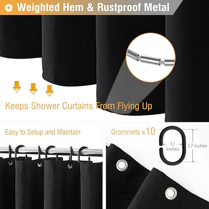 BTTN Stall Fabric Shower Curtain, 54x78 Inch Long Linen Textured Heavy Duty Cloth Shower Curtain Set with 10 Plastic Hook, Narrow Hotel Spa Weighted Bath Curtains for Bathroom, Machine Washable, Black