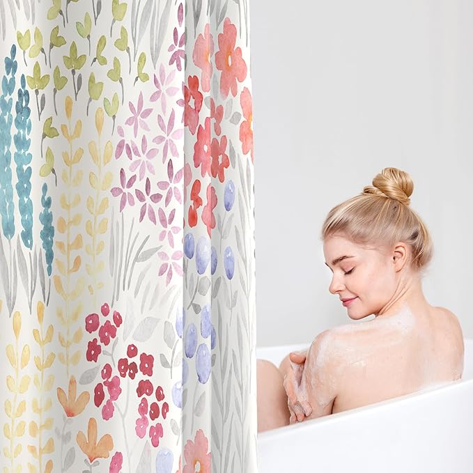 Small Stall Shower Curtain 36 x 72 Inch, Half Narrow Dorm Cute Floral Shower Curtain for Bathroom, Colorful Wildflower Boho Cottagecore Fabric Shower Curtain Set with Hooks, Ivory