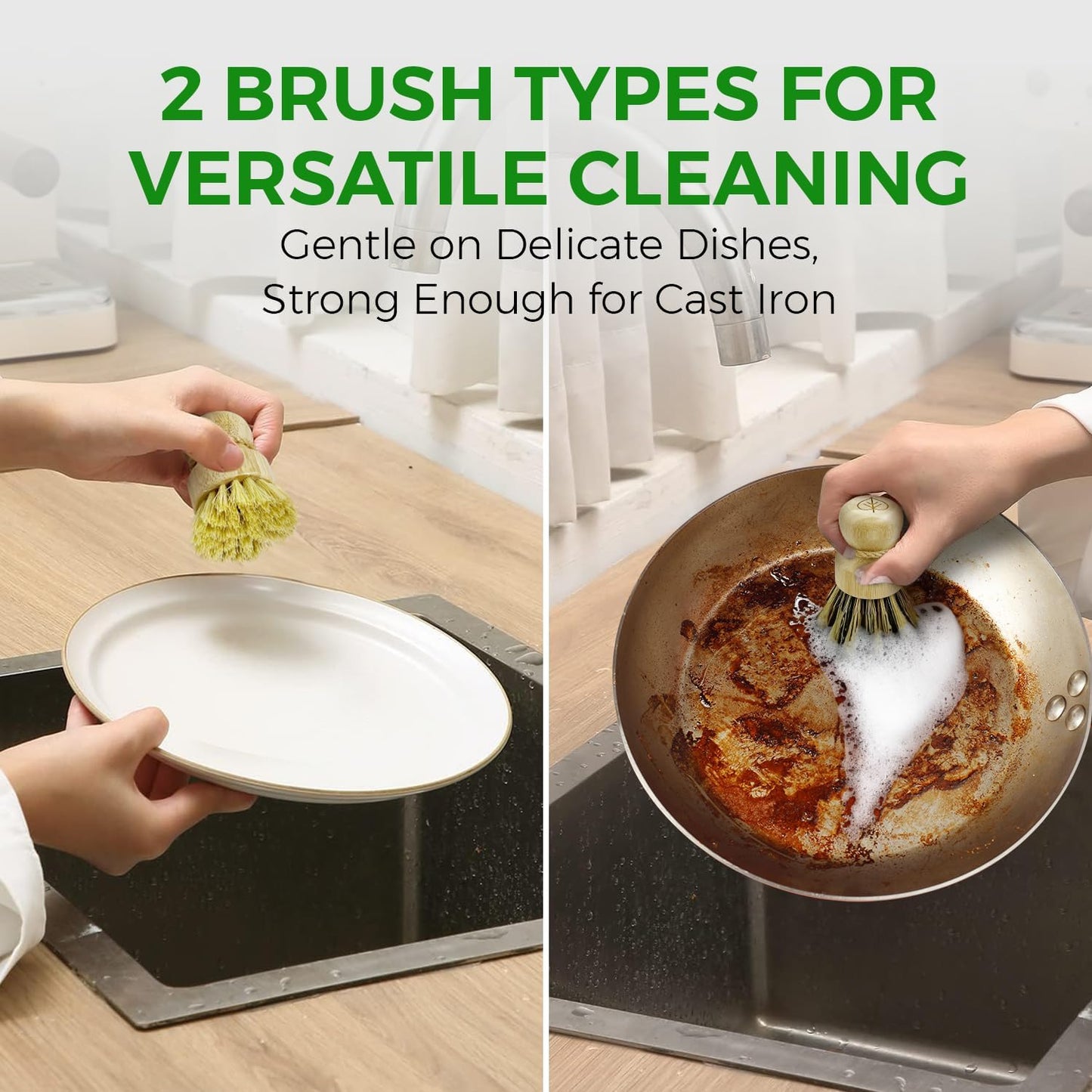 Bamboo Dish Brush Set of 3-100% Plastic Free Kitchen Scrubber with Medium Stiff Sisal and Strong Blend of Coconut Bristles - Non Scratch, Odor Free Wood Scrub for Pots, Pans and Vegetables