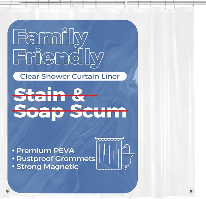 downluxe Clear Shower Curtain Liner with Magnets, PEVA Plastic Shower Liner, 72" W x 84" L Waterproof Lightweight Bathroom Curtain