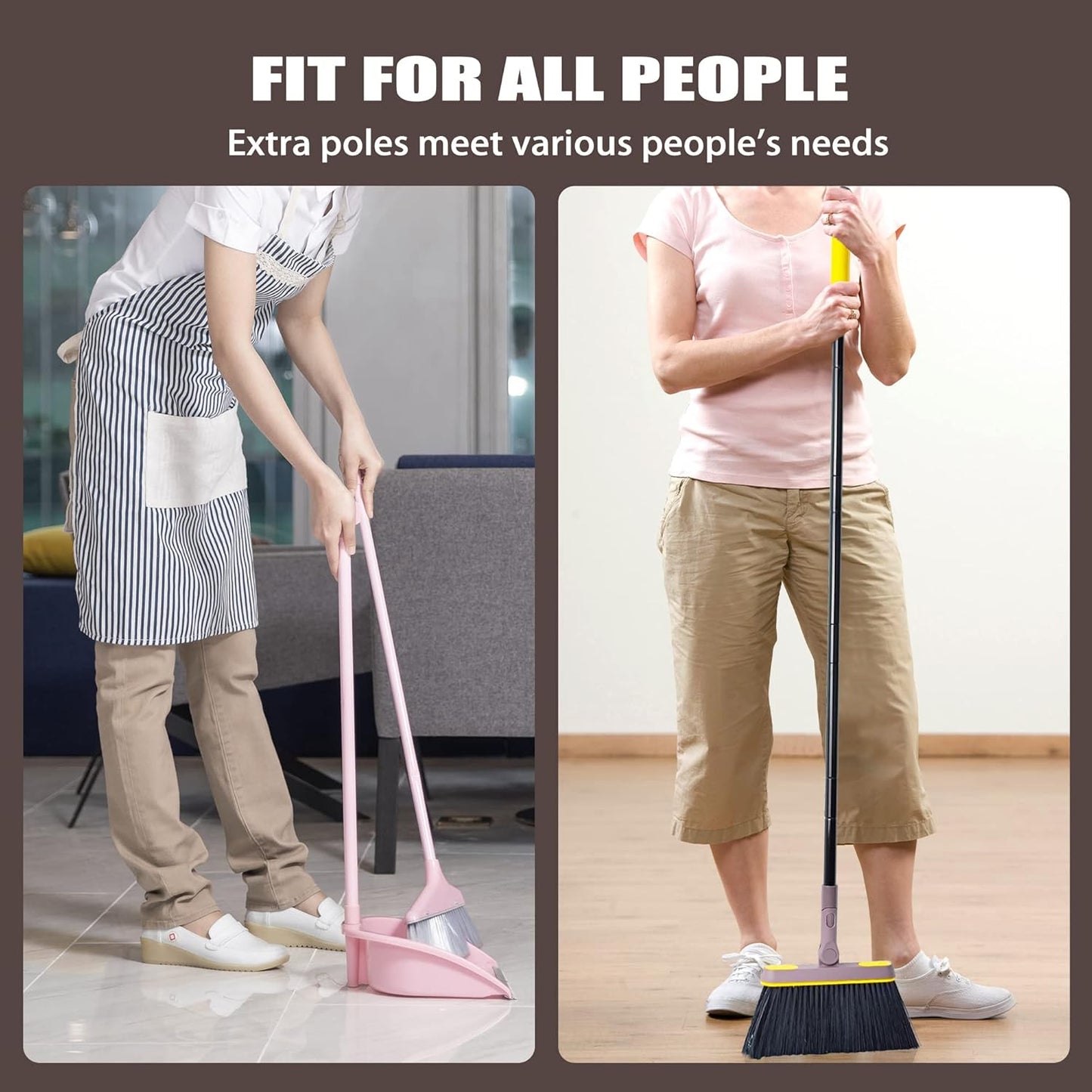 JEHONN Broom with Dustpan Combo Set, Long Handle Lightweight 180 Degree Rotating Sweeping Brush Indoor, Upright Standing Dust Pan with Comb Teeth for Home Room Kitchen Office Lobby (Brown Yellow)