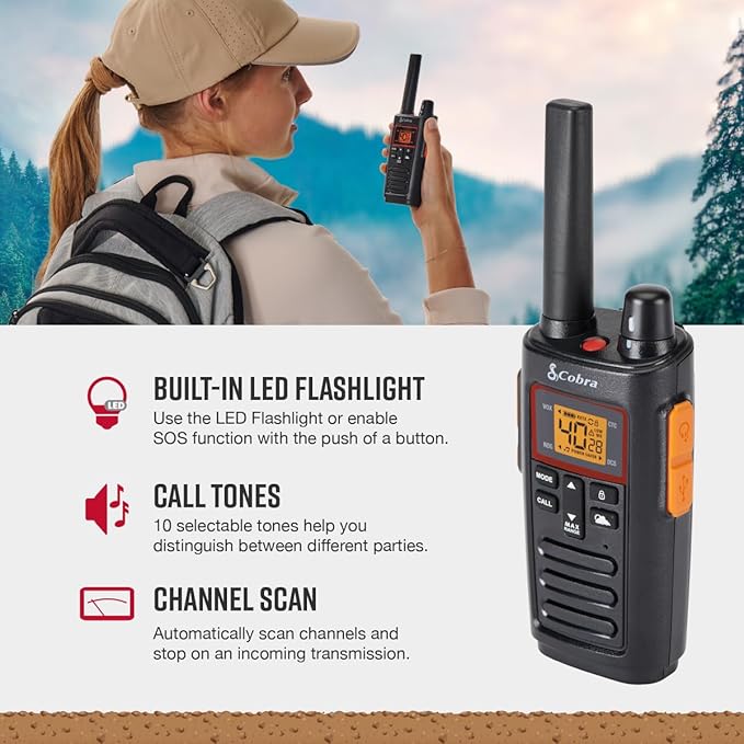 Cobra RX380 2-Pack Walkie Talkies & Compatible Cobra GA-SV01 2P Surveillance Headset Microphones: Rechargeable, 40 Preset Channels, Long Range 32-Mile Two-Way Radio Set, Black
