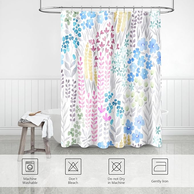 Blue Floral Shower Curtain, Pink Yellow Boho Flower Fabric Shower Curtains, Cute Funky Watercolor Wildflower Shower Curtain Set, Cottagecore Bohemian Bathroom Decor, 72x72