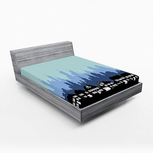 Ambesonne Silhouette Fitted Sheet, City Houses Business Skyline Urban Outdoor Scene Illustration, Bed Cover with All-Round Elastic Deep Pocket for Comfort, Full Size, Black Seafoam and Blue Grey