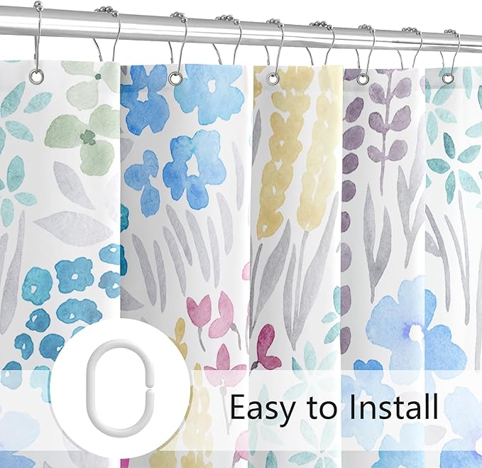Extra Long Shower Curtain 72 x 84 Inch, Tall Cute Floral Shower Curtain for Bathroom, Blue Pink Yellow Wildflower Boho Cottagecore Fabric Shower Curtain Set with Hooks