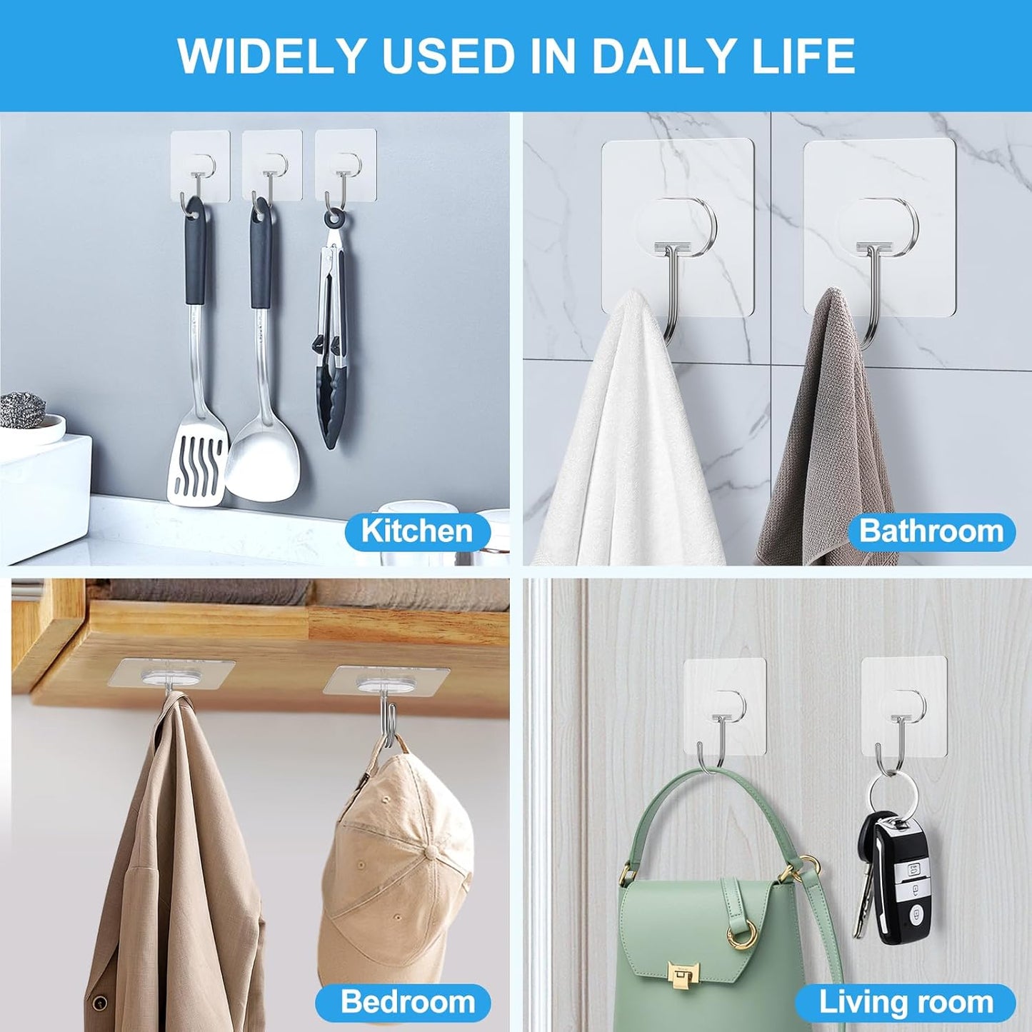 Large Adhesive Hooks for Hanging Heavy Duty Wall Hooks Self Adhesive Towel Coat Hooks Waterproof Transparent Hook for Bathroom Shower Kitchen Keys Door Outdoor Home Improvement Utility Hook 12 Pack