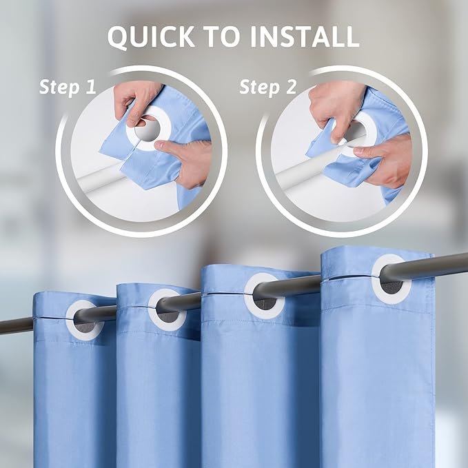 Extra Wide No Hook Light Blue Shower Curtain 108x72 Inch,Polyester Fabric Waterproof Shower Curtain Liner with 14 Plastic Split Grommets,Washable Shower Curtains for Bathroom Hotel Spa Luxury