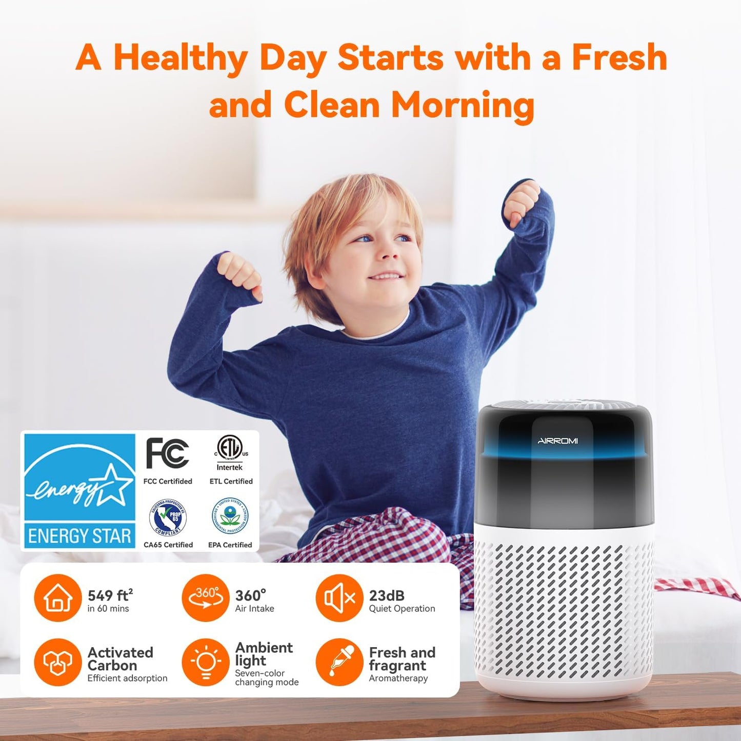 AIRROMI Air Purifier for Bedroom Home,HEPA Filter,Covers Upto 549 Ft²,Quiet 360°intake Air Cleaner with Fragrance ponge for Better Sleep,Night Light,Filters Smoke,Pet Dander,Allergies,Dust,A2005 White