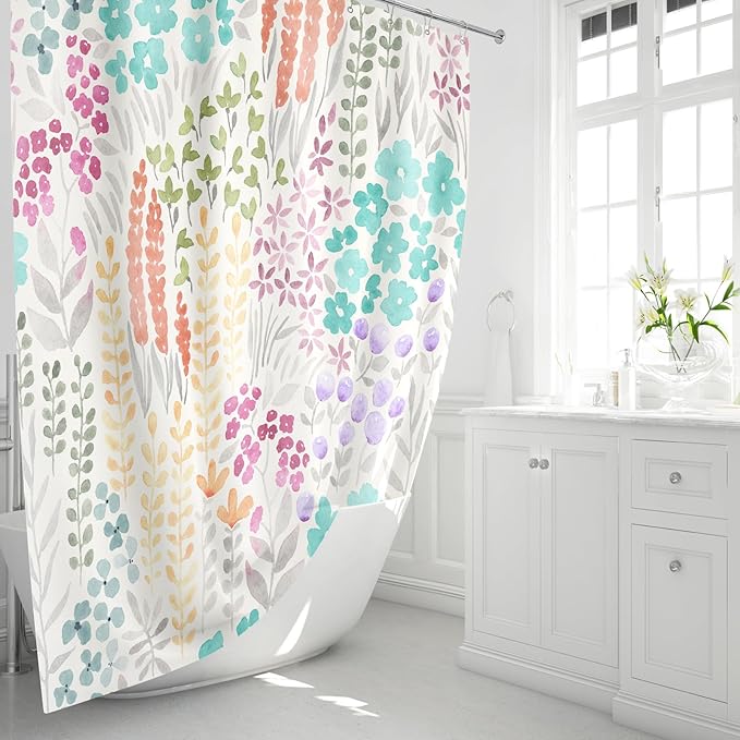 Cute Floral Shower Curtain 60x72, Teal Blue Boho Flower Fabric Shower Curtain, Turquoise Funky Watercolor Wildflower Shower Curtain Set, Cottagecore Bohemian Bathroom Decor